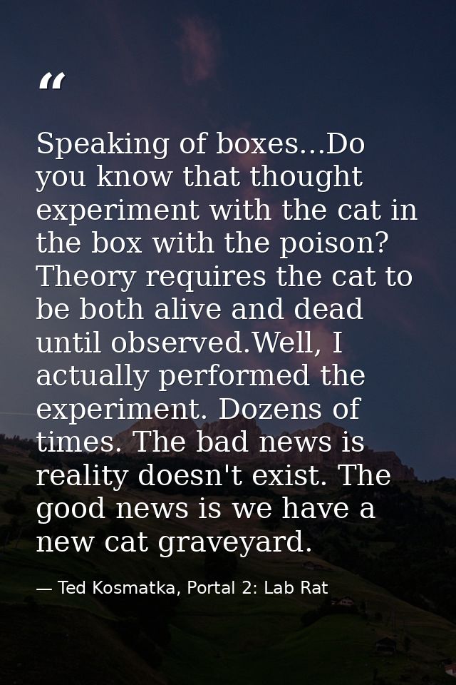 Speaking of boxes...Do you know that thought experiment with the cat in the box with the poison? Theory requires the cat — Ted Kosmatka, Portal 2: Lab Rat