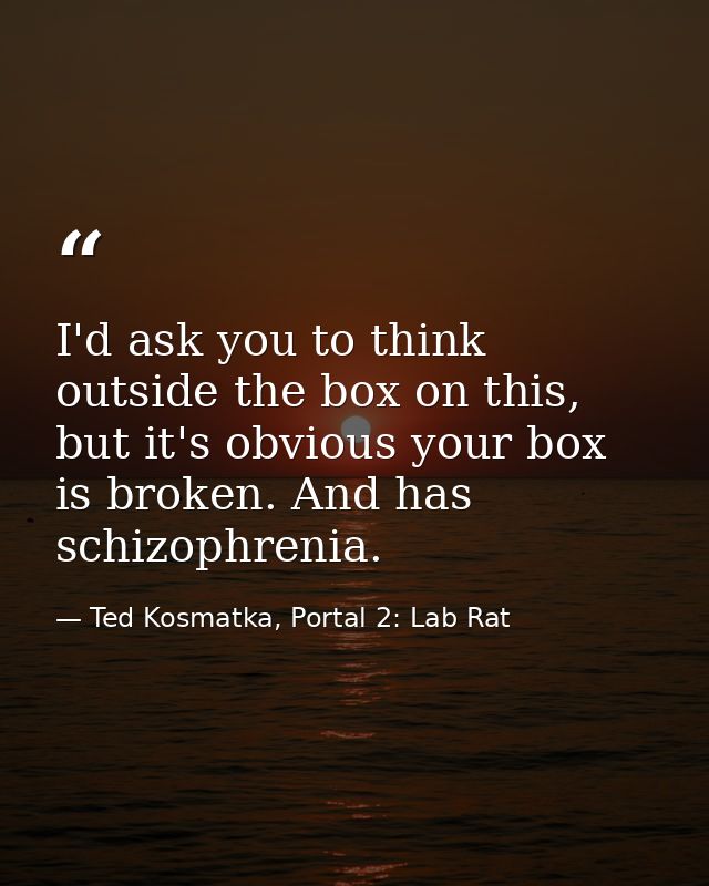 I'd ask you to think outside the box on this, but it's obvious your box is broken. And has schizophrenia. — Ted Kosmatka, Portal 2: Lab Rat