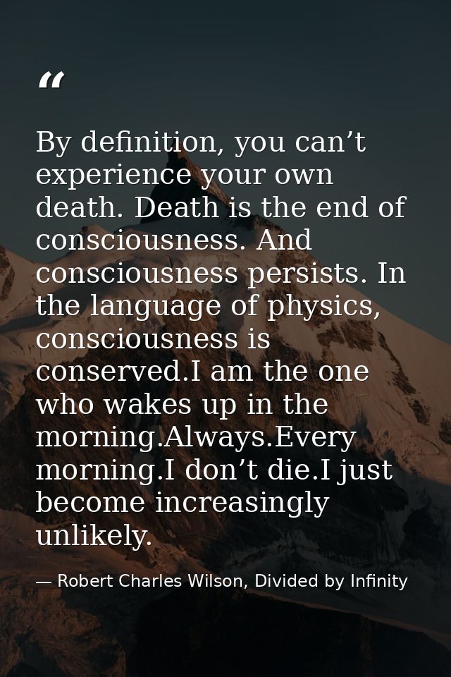 By definition, you can’t experience your own death. Death is the end of consciousness. And consciousness persists. In th — Robert Charles Wilson, Divided by Infinity