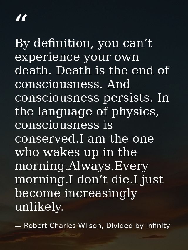 By definition, you can’t experience your own death. Death is the end of consciousness. And consciousness persists. In th — Robert Charles Wilson, Divided by Infinity