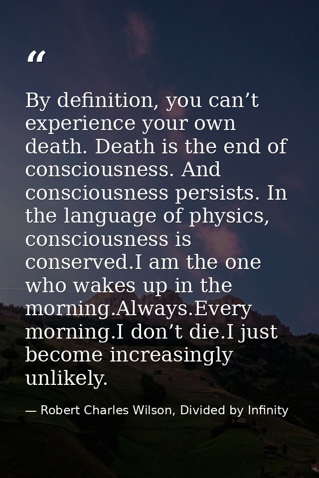 By definition, you can’t experience your own death. Death is the end of consciousness. And consciousness persists. In th — Robert Charles Wilson, Divided by Infinity
