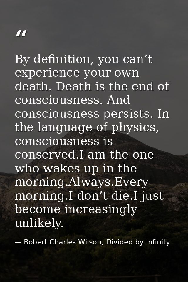 By definition, you can’t experience your own death. Death is the end of consciousness. And consciousness persists. In th — Robert Charles Wilson, Divided by Infinity