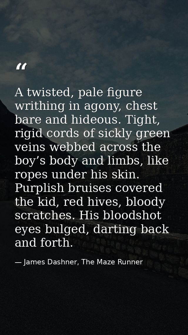 A twisted, pale figure writhing in agony, chest bare and hideous. Tight, rigid cords of sickly green veins webbed across — James Dashner, The Maze Runner