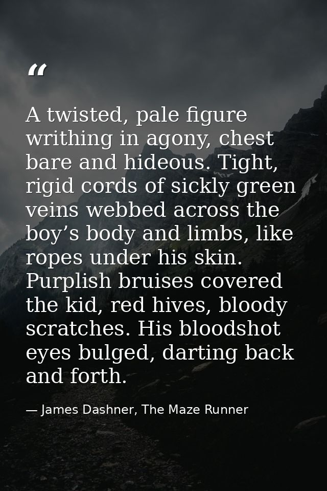 A twisted, pale figure writhing in agony, chest bare and hideous. Tight, rigid cords of sickly green veins webbed across — James Dashner, The Maze Runner