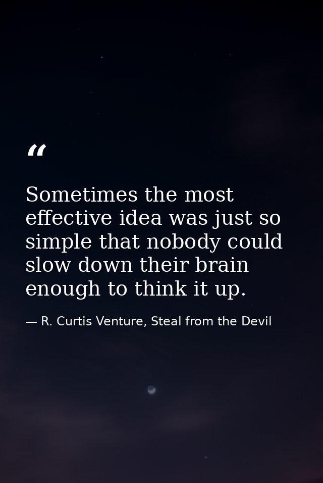 Sometimes the most effective idea was just so simple that nobody could slow down their brain enough to think it up. — R. Curtis Venture, Steal from the Devil