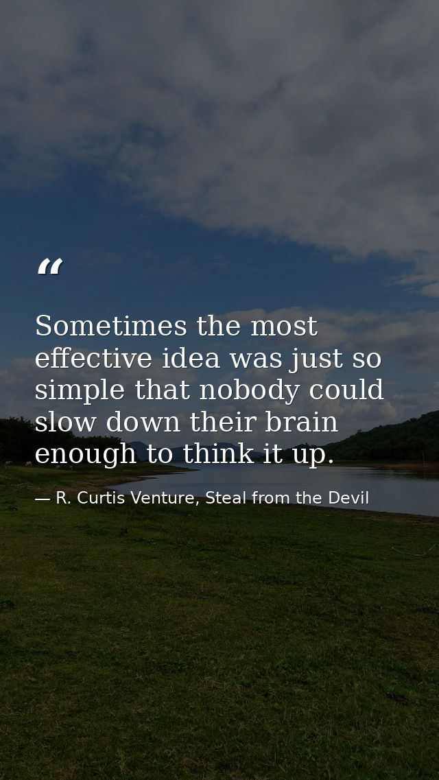 Sometimes the most effective idea was just so simple that nobody could slow down their brain enough to think it up. — R. Curtis Venture, Steal from the Devil