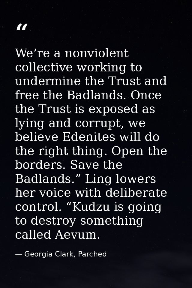 We’re a nonviolent collective working to undermine the Trust and free the Badlands. Once the Trust is exposed as lying a — Georgia Clark, Parched