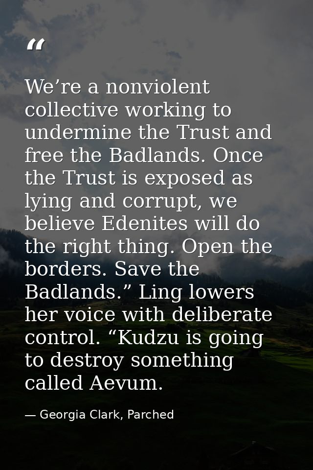 We’re a nonviolent collective working to undermine the Trust and free the Badlands. Once the Trust is exposed as lying a — Georgia Clark, Parched