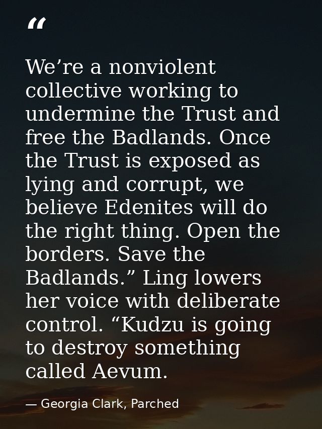 We’re a nonviolent collective working to undermine the Trust and free the Badlands. Once the Trust is exposed as lying a — Georgia Clark, Parched
