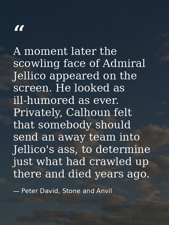 A moment later the scowling face of Admiral Jellico appeared on the screen. He looked as ill-humored as ever. Privately, — Peter David, Stone and Anvil