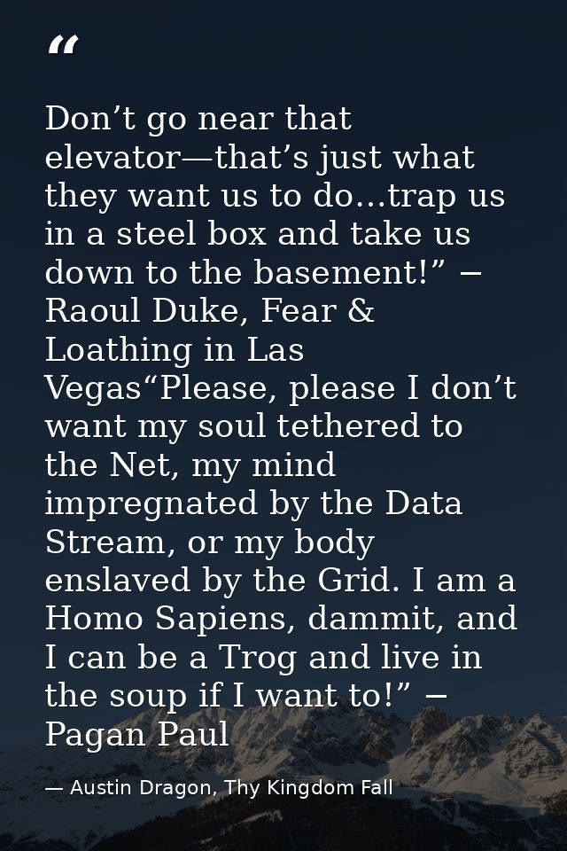 Don’t go near that elevator—that’s just what they want us to do…trap us in a steel box and take us down to the basement! — Austin Dragon, Thy Kingdom Fall