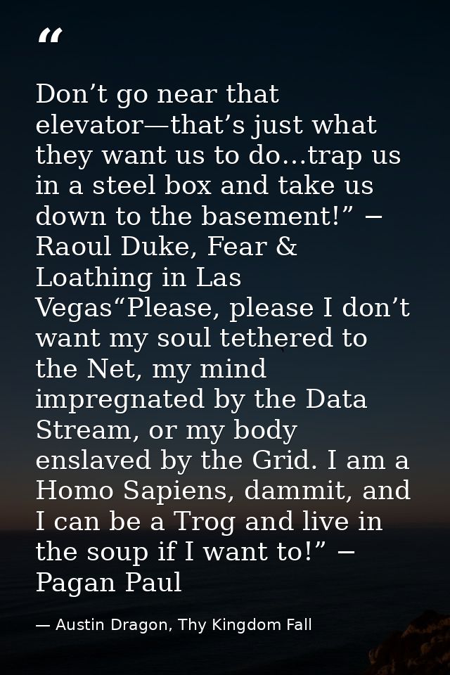 Don’t go near that elevator—that’s just what they want us to do…trap us in a steel box and take us down to the basement! — Austin Dragon, Thy Kingdom Fall