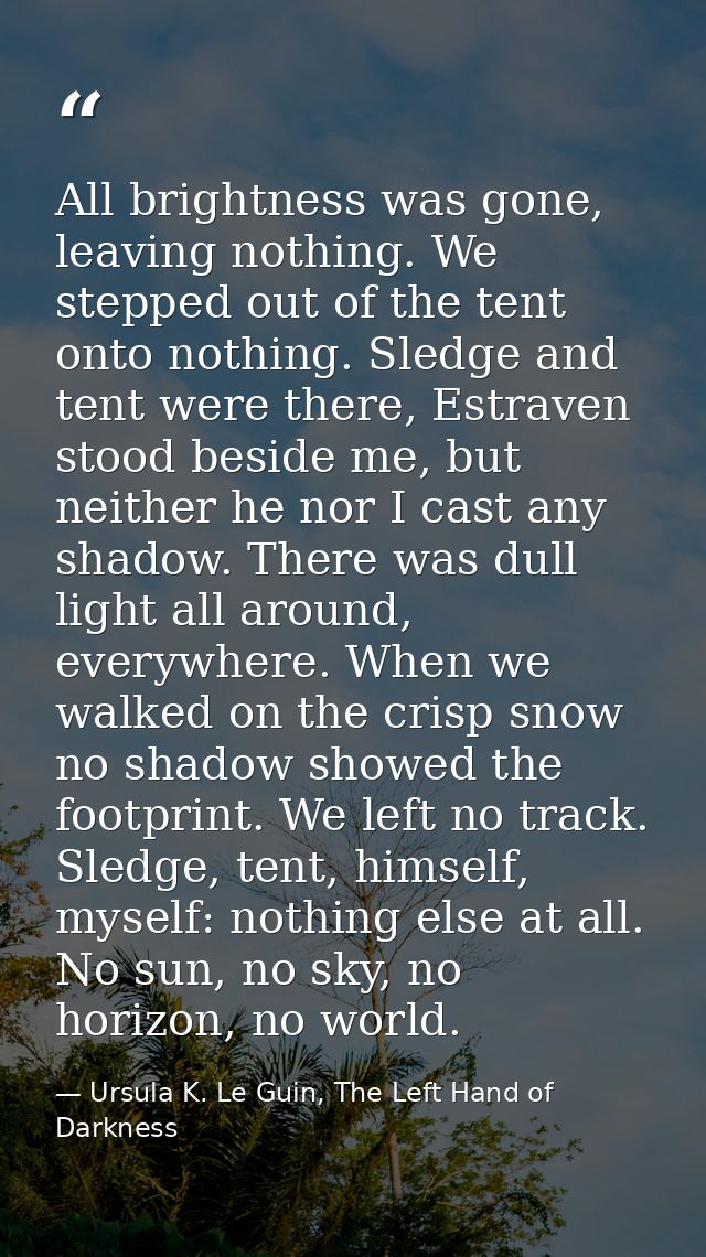 All brightness was gone, leaving nothing. We stepped out of the tent onto nothing. Sledge and tent were there, Estraven  — Ursula K. Le Guin, The Left Hand of Darkness