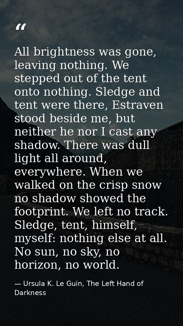All brightness was gone, leaving nothing. We stepped out of the tent onto nothing. Sledge and tent were there, Estraven  — Ursula K. Le Guin, The Left Hand of Darkness