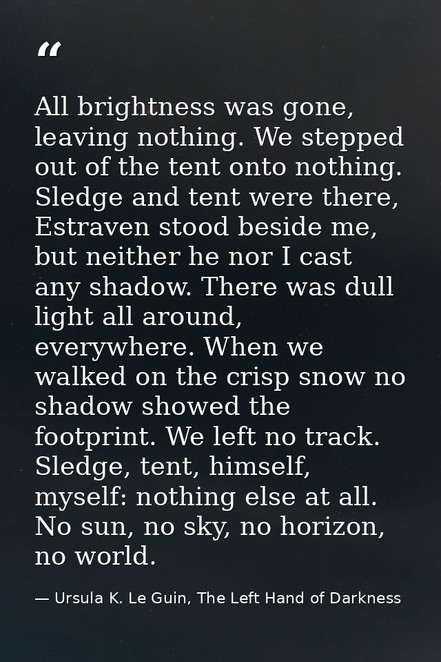 All brightness was gone, leaving nothing. We stepped out of the tent onto nothing. Sledge and tent were there, Estraven  — Ursula K. Le Guin, The Left Hand of Darkness