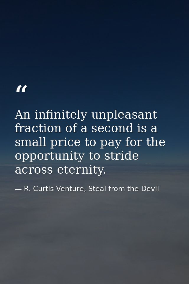 An infinitely unpleasant fraction of a second is a small price to pay for the opportunity to stride across eternity. — R. Curtis Venture, Steal from the Devil