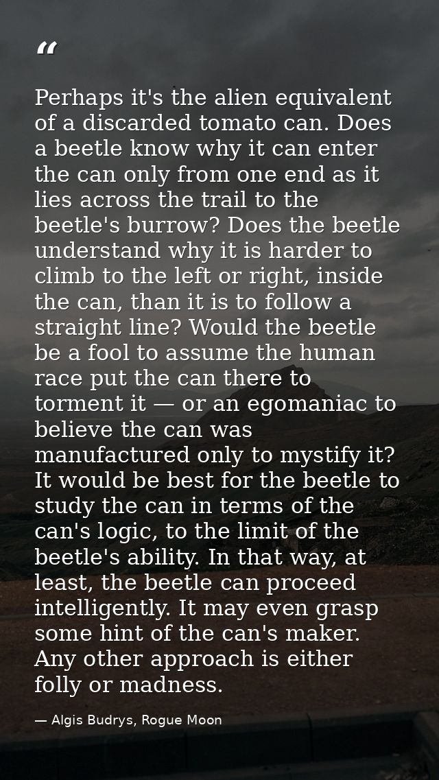 Perhaps it's the alien equivalent of a discarded tomato can. Does a beetle know why it can enter the can only from one e — Algis Budrys, Rogue Moon