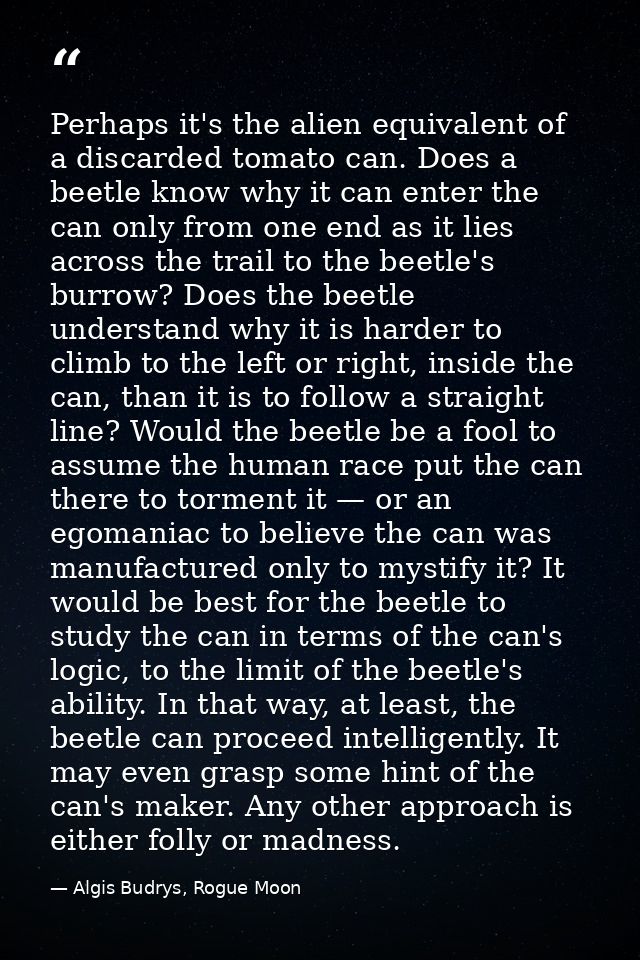 Perhaps it's the alien equivalent of a discarded tomato can. Does a beetle know why it can enter the can only from one e — Algis Budrys, Rogue Moon