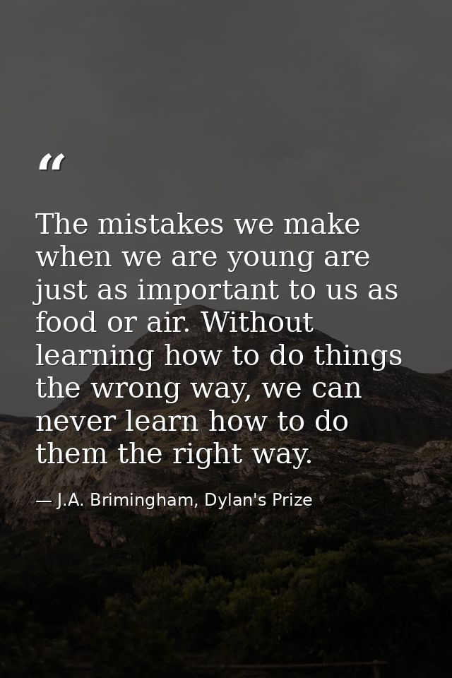 The mistakes we make when we are young are just as important to us as food or air. Without learning how to do things the — J.A. Brimingham, Dylan's Prize