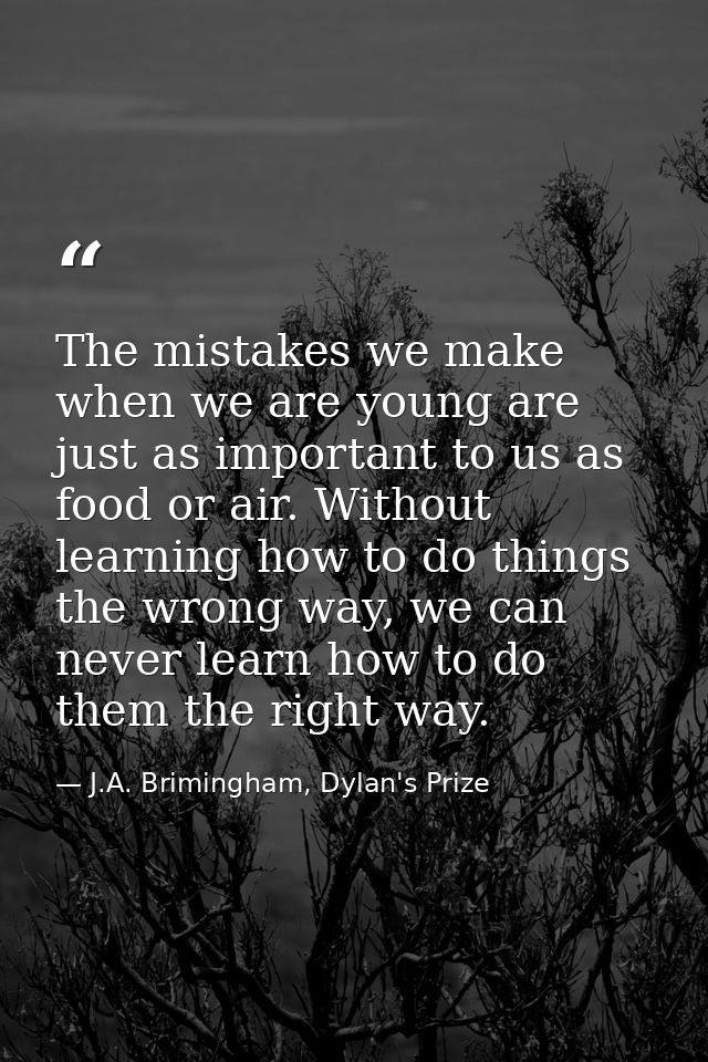 The mistakes we make when we are young are just as important to us as food or air. Without learning how to do things the — J.A. Brimingham, Dylan's Prize