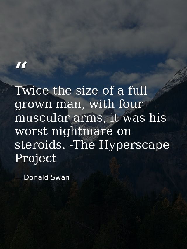 Twice the size of a full grown man, with four muscular arms, it was his worst nightmare on steroids. -The Hyperscape Pro — Donald Swan
