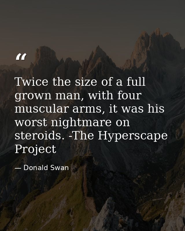 Twice the size of a full grown man, with four muscular arms, it was his worst nightmare on steroids. -The Hyperscape Pro — Donald Swan