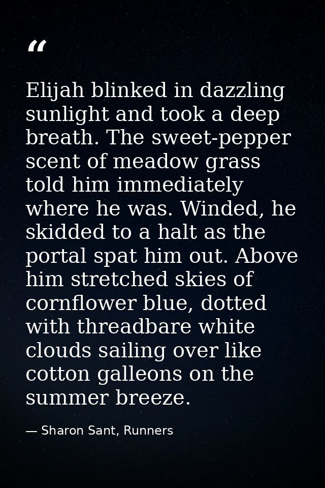 Elijah blinked in dazzling sunlight and took a deep breath. The sweet-pepper scent of meadow grass told him immediately  — Sharon Sant, Runners