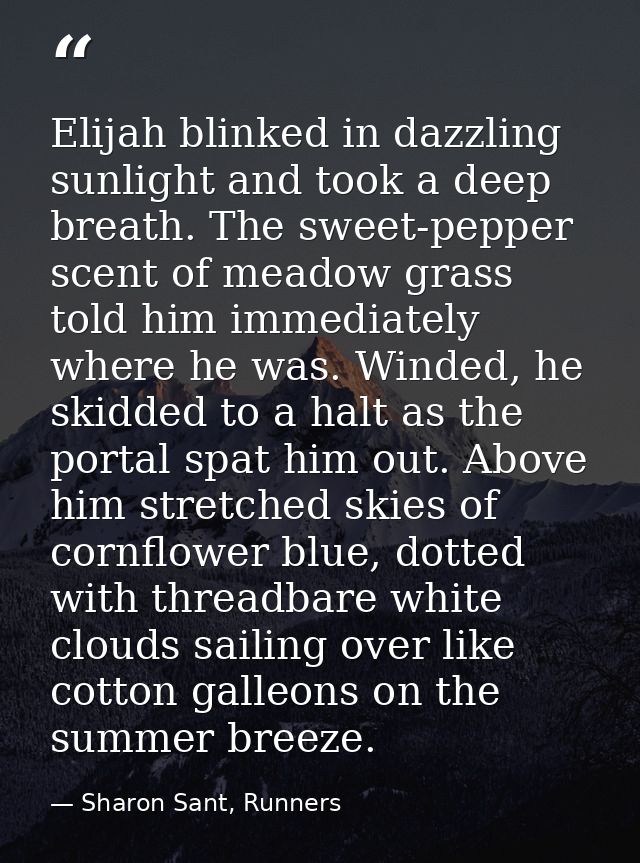 Elijah blinked in dazzling sunlight and took a deep breath. The sweet-pepper scent of meadow grass told him immediately  — Sharon Sant, Runners