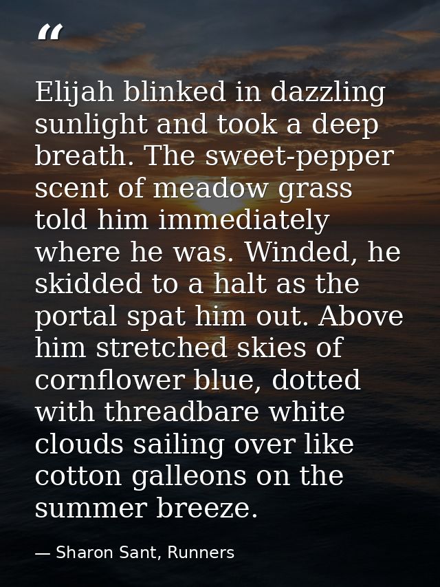 Elijah blinked in dazzling sunlight and took a deep breath. The sweet-pepper scent of meadow grass told him immediately  — Sharon Sant, Runners