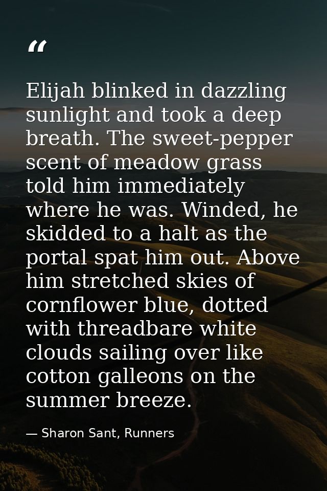 Elijah blinked in dazzling sunlight and took a deep breath. The sweet-pepper scent of meadow grass told him immediately  — Sharon Sant, Runners