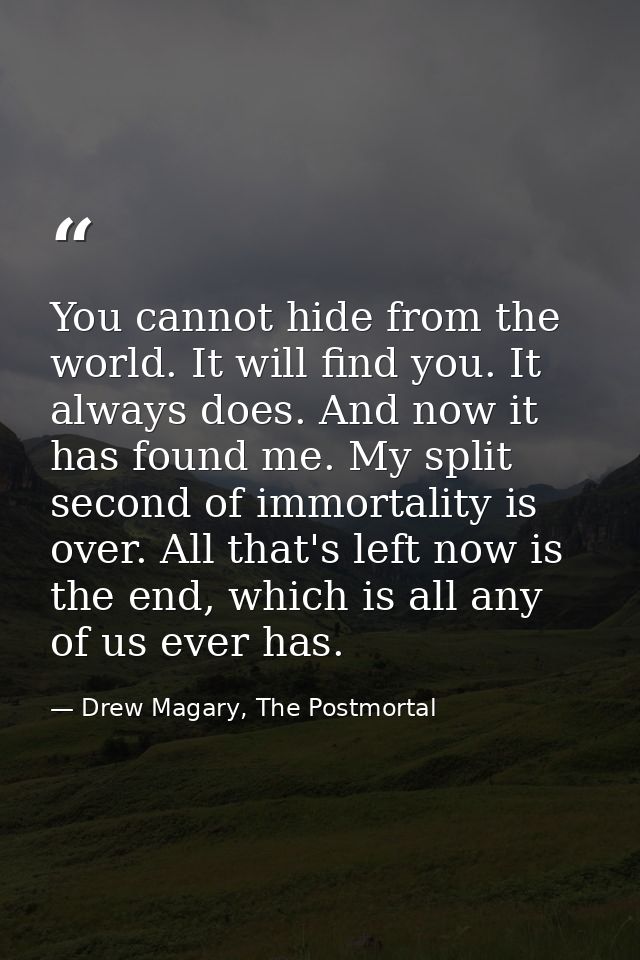 You cannot hide from the world. It will find you. It always does. And now it has found me. My split second of immortalit — Drew Magary, The Postmortal