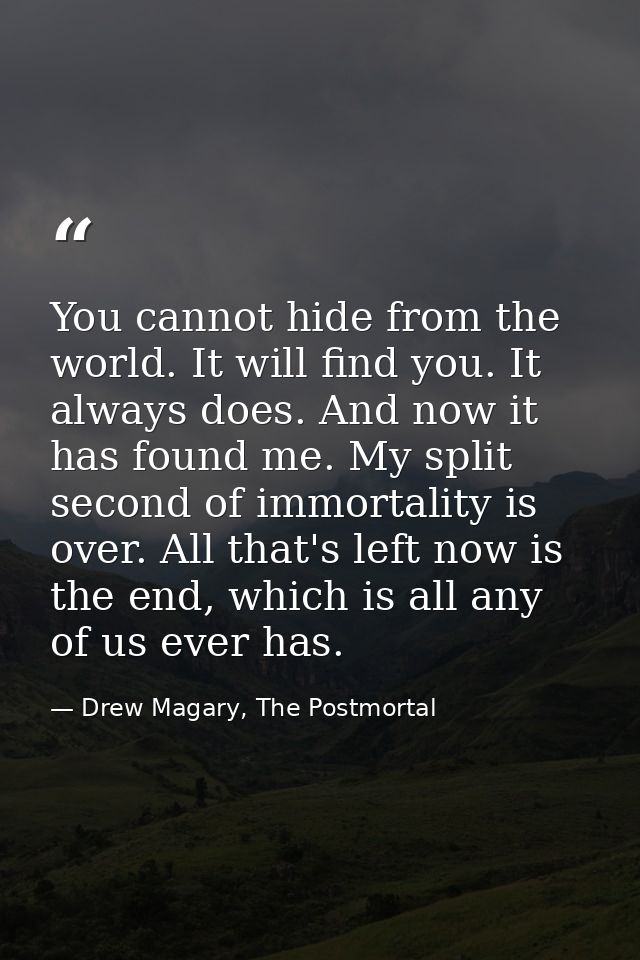 You cannot hide from the world. It will find you. It always does. And now it has found me. My split second of immortalit — Drew Magary, The Postmortal