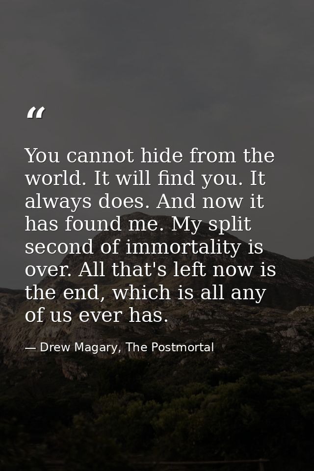 You cannot hide from the world. It will find you. It always does. And now it has found me. My split second of immortalit — Drew Magary, The Postmortal
