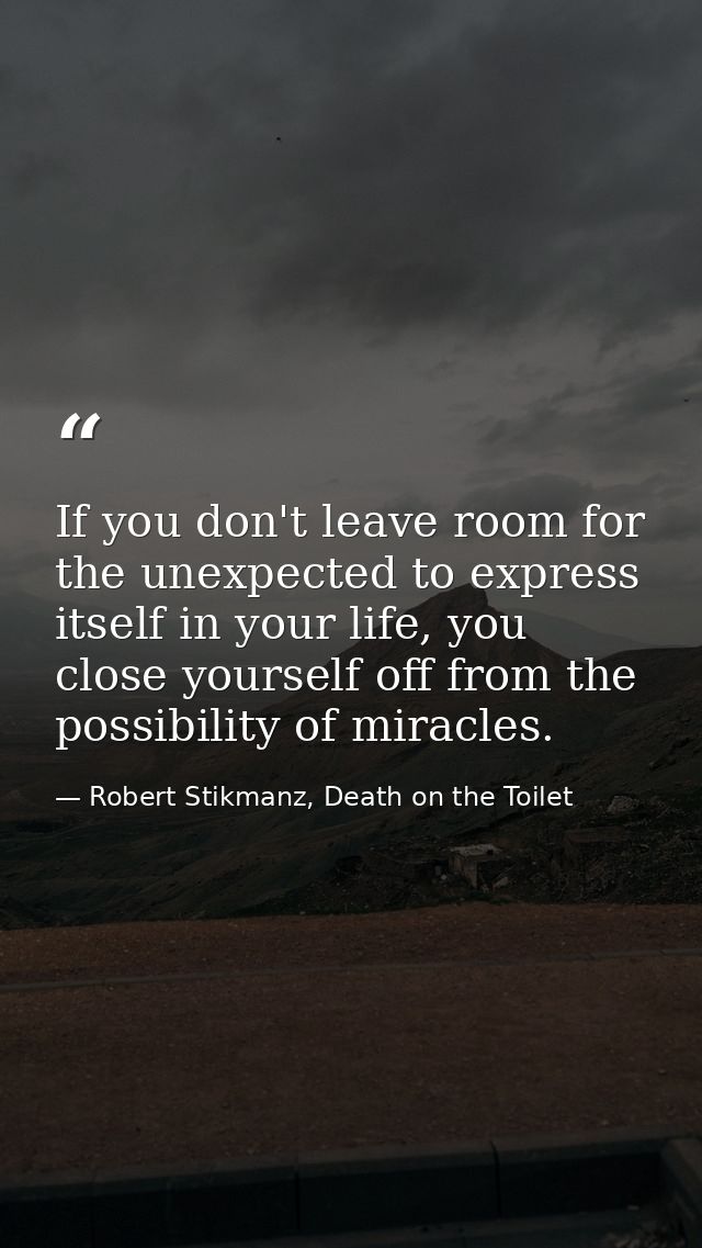If you don't leave room for the unexpected to express itself in your life, you close yourself off from the possibility o — Robert Stikmanz, Death on the Toilet