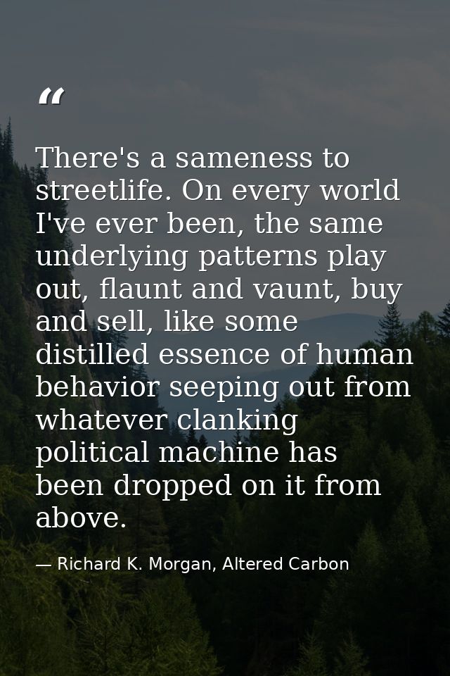 There's a sameness to streetlife. On every world I've ever been, the same underlying patterns play out, flaunt and vaunt — Richard K. Morgan, Altered Carbon
