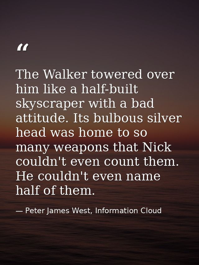 The Walker towered over him like a half-built skyscraper with a bad attitude. Its bulbous silver head was home to so man — Peter James West, Information Cloud