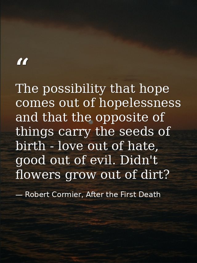 The possibility that hope comes out of hopelessness and that the opposite of things carry the seeds of birth - love out  — Robert Cormier, After the First Death