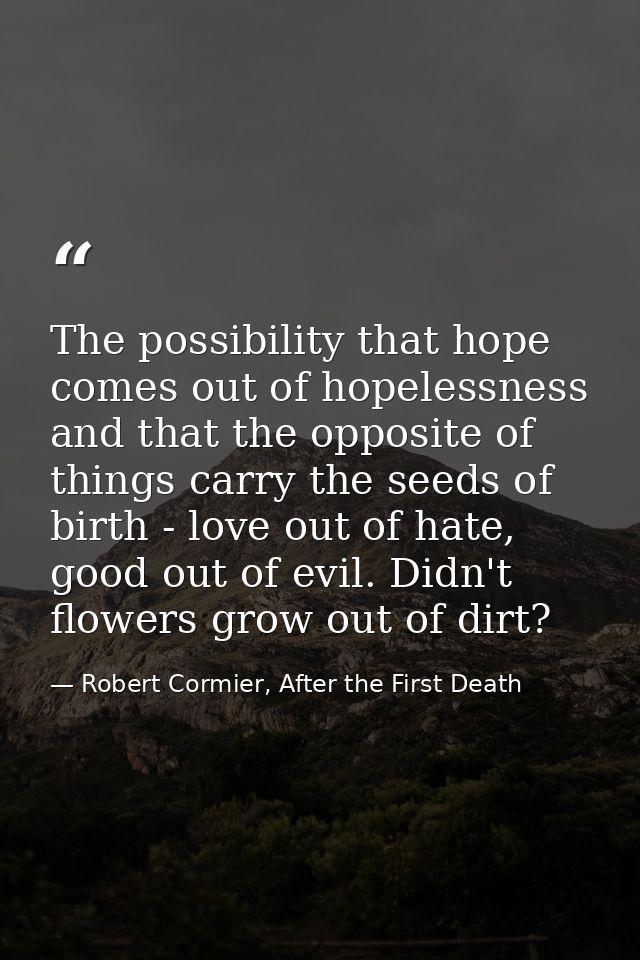 The possibility that hope comes out of hopelessness and that the opposite of things carry the seeds of birth - love out  — Robert Cormier, After the First Death
