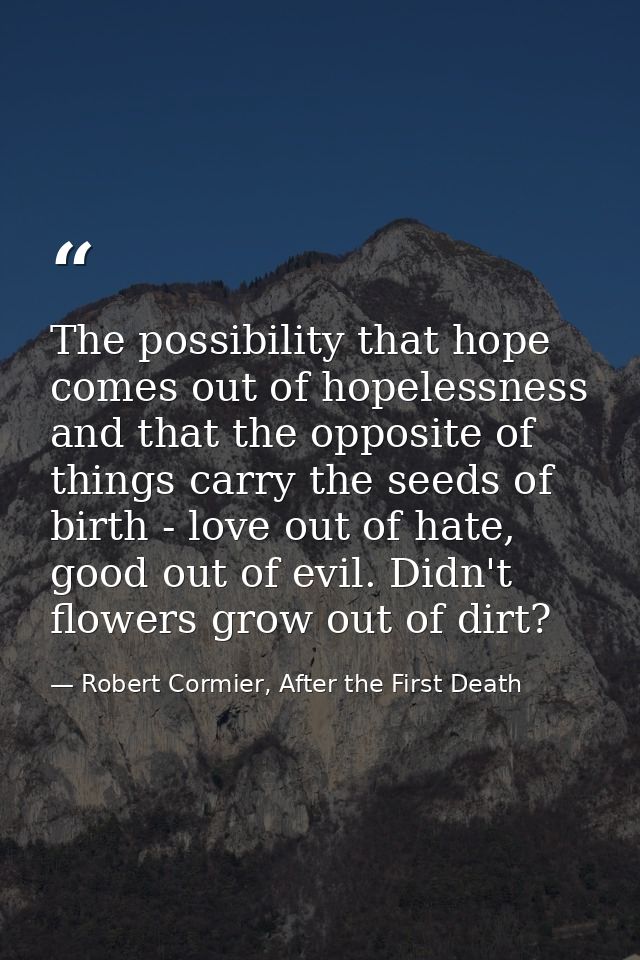 The possibility that hope comes out of hopelessness and that the opposite of things carry the seeds of birth - love out  — Robert Cormier, After the First Death