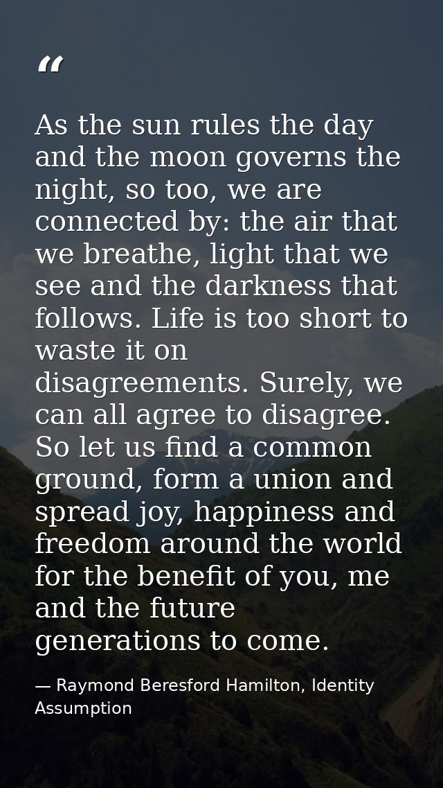 As the sun rules the day and the moon governs the night, so too, we are connected by: the air that we breathe, light tha — Raymond Beresford Hamilton, Identity Assumption