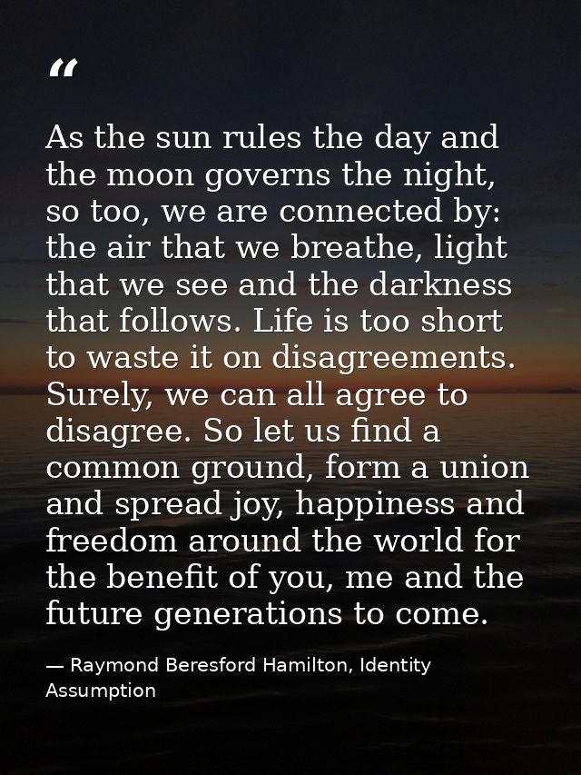 As the sun rules the day and the moon governs the night, so too, we are connected by: the air that we breathe, light tha — Raymond Beresford Hamilton, Identity Assumption