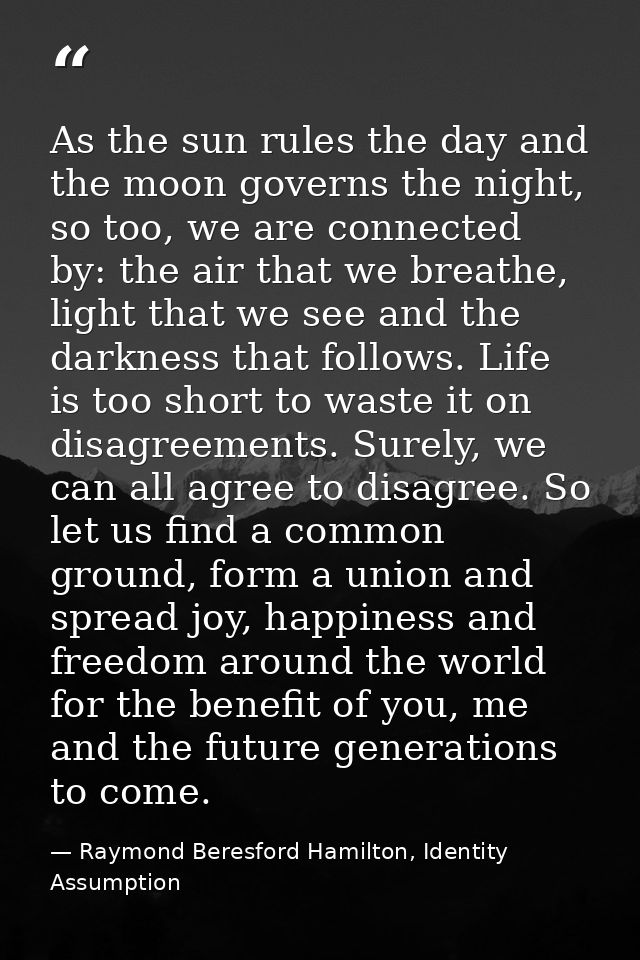 As the sun rules the day and the moon governs the night, so too, we are connected by: the air that we breathe, light tha — Raymond Beresford Hamilton, Identity Assumption