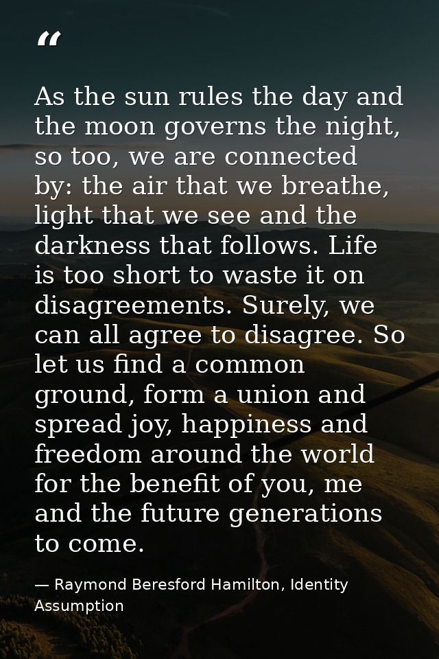 As the sun rules the day and the moon governs the night, so too, we are connected by: the air that we breathe, light tha — Raymond Beresford Hamilton, Identity Assumption