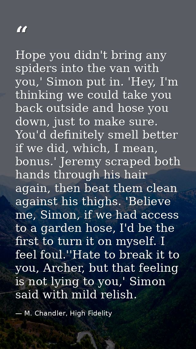 Hope you didn't bring any spiders into the van with you,' Simon put in. 'Hey, I'm thinking we could take you back outsid — M. Chandler, High Fidelity