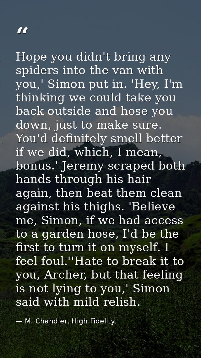 Hope you didn't bring any spiders into the van with you,' Simon put in. 'Hey, I'm thinking we could take you back outsid — M. Chandler, High Fidelity