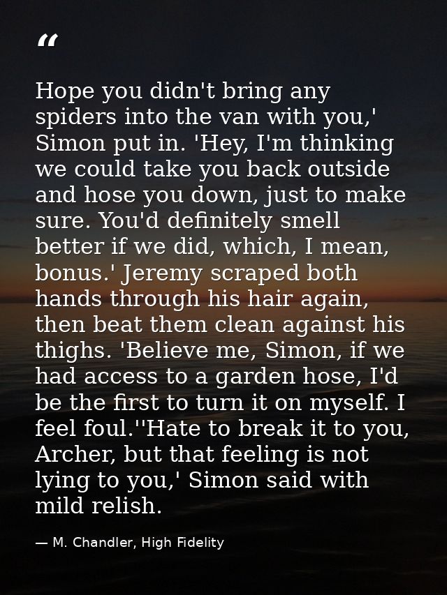 Hope you didn't bring any spiders into the van with you,' Simon put in. 'Hey, I'm thinking we could take you back outsid — M. Chandler, High Fidelity