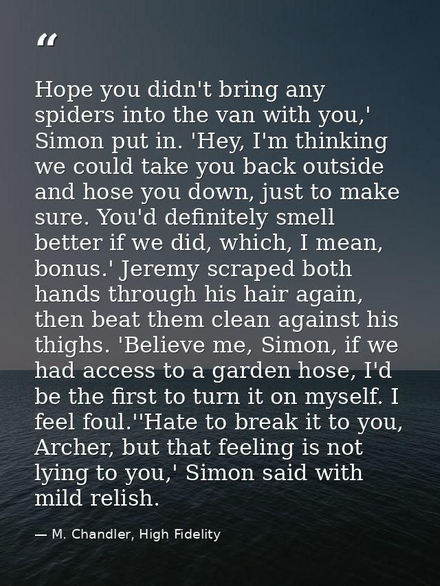 Hope you didn't bring any spiders into the van with you,' Simon put in. 'Hey, I'm thinking we could take you back outsid — M. Chandler, High Fidelity