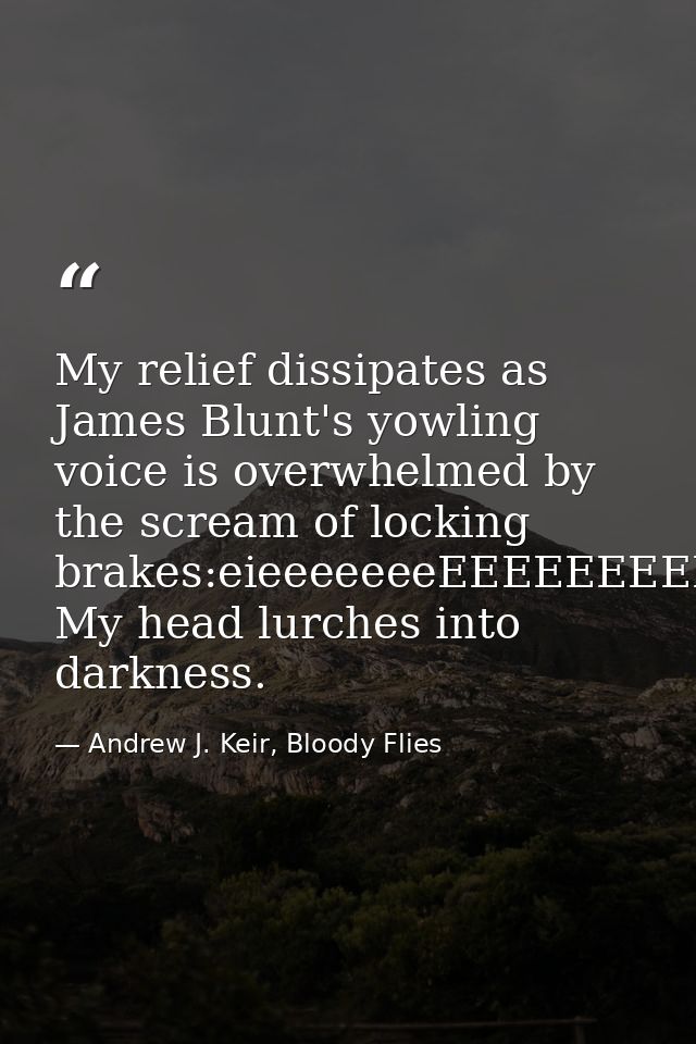 My relief dissipates as James Blunt's yowling voice is overwhelmed by the scream of locking brakes:eieeeeeeeEEEEEEEEEEEE — Andrew J. Keir, Bloody Flies