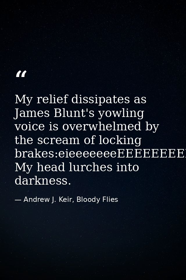My relief dissipates as James Blunt's yowling voice is overwhelmed by the scream of locking brakes:eieeeeeeeEEEEEEEEEEEE — Andrew J. Keir, Bloody Flies