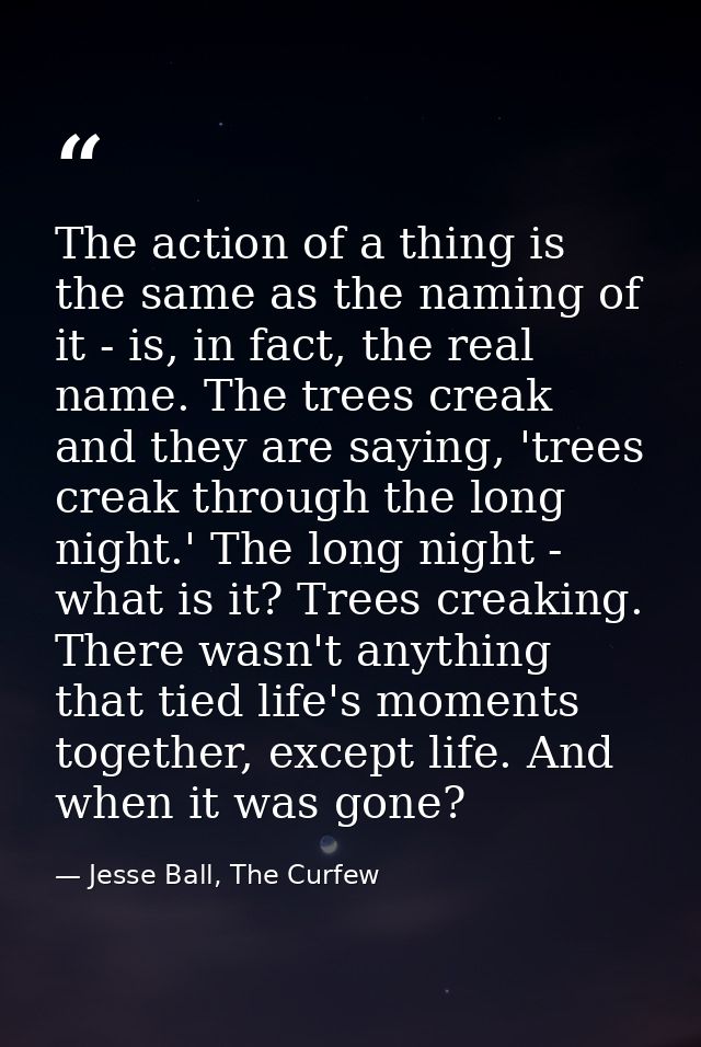 The action of a thing is the same as the naming of it - is, in fact, the real name. The trees creak and they are saying, — Jesse Ball, The Curfew